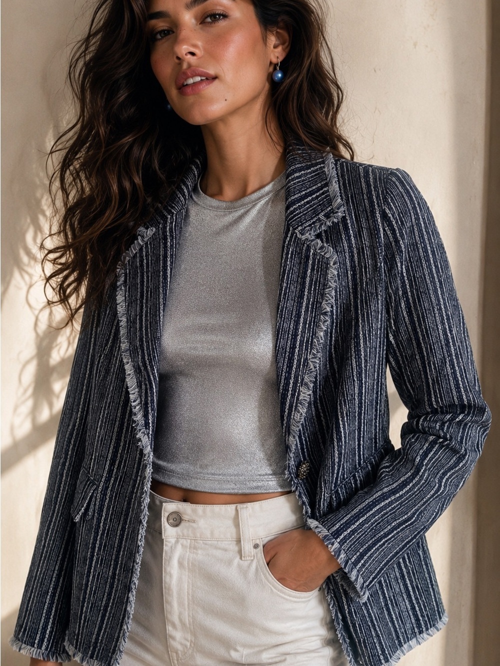 Chico’s Navy and White Striped Fringe-Trim Blazer